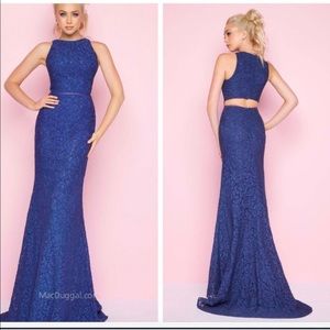 Navy blue lace prom and evening gown by MacDuggal